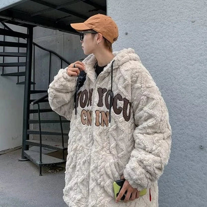 A cozy and stylish American retro-inspired lamb wool padded coat in apricot color, featuring a loose fit and long sleeves