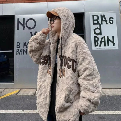 A cozy and stylish American retro-inspired lamb wool padded coat in apricot color, featuring a loose fit and long sleeves