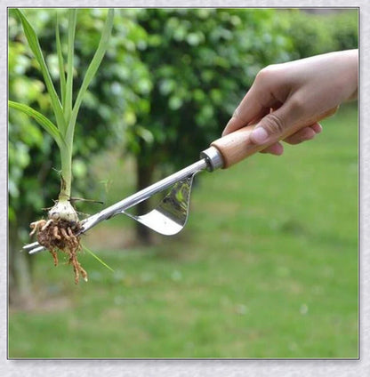 Stainless steel manual weed puller with curved lever base and sharp forked tips for efficient weed removal
