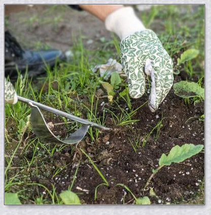 Stainless steel manual weed puller with curved lever base and sharp forked tips for efficient weed removal