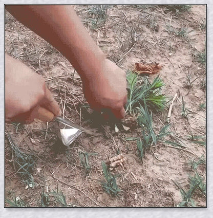 Stainless steel manual weed puller with curved lever base and sharp forked tips for efficient weed removal