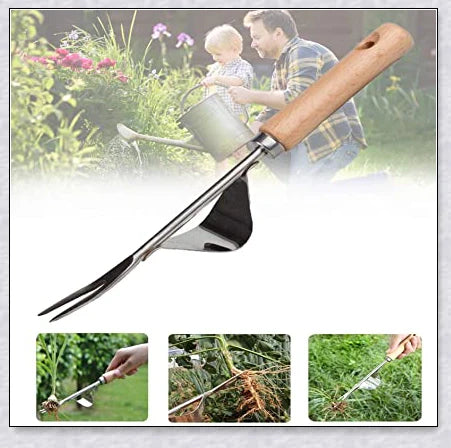 Stainless steel manual weed puller with curved lever base and sharp forked tips for efficient weed removal