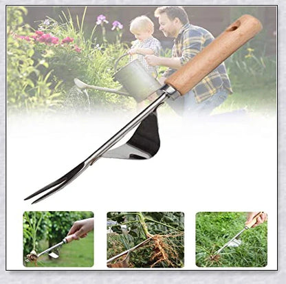 Stainless steel manual weed puller with curved lever base and sharp forked tips for efficient weed removal