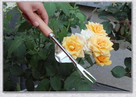 Stainless steel manual weed puller with curved lever base and sharp forked tips for efficient weed removal