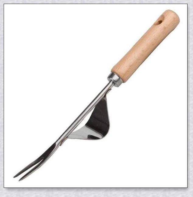 Stainless steel manual weed puller with curved lever base and sharp forked tips for efficient weed removal