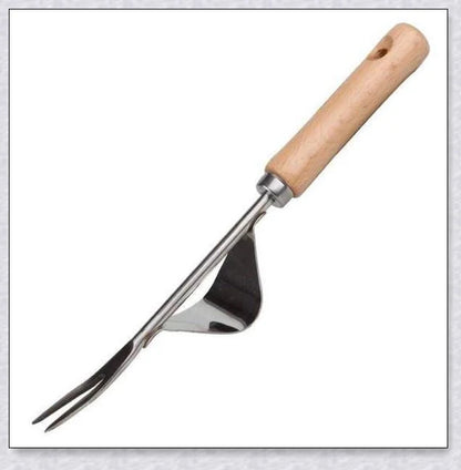 Stainless steel manual weed puller with curved lever base and sharp forked tips for efficient weed removal