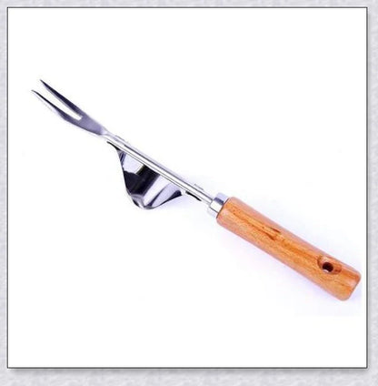 Stainless steel manual weed puller with curved lever base and sharp forked tips for efficient weed removal
