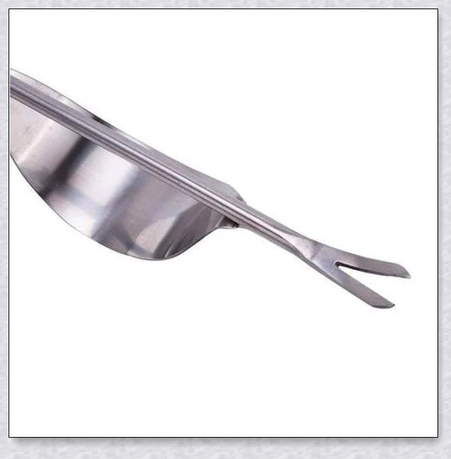 Stainless steel manual weed puller with curved lever base and sharp forked tips for efficient weed removal