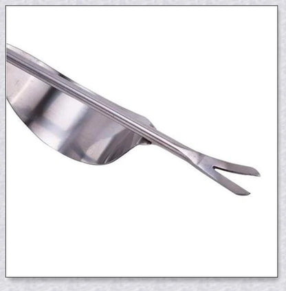 Stainless steel manual weed puller with curved lever base and sharp forked tips for efficient weed removal
