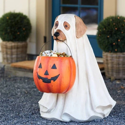 A ghostly dog figure carrying a large pumpkin candy bowl, an eerie and whimsical Halloween decoration for your home