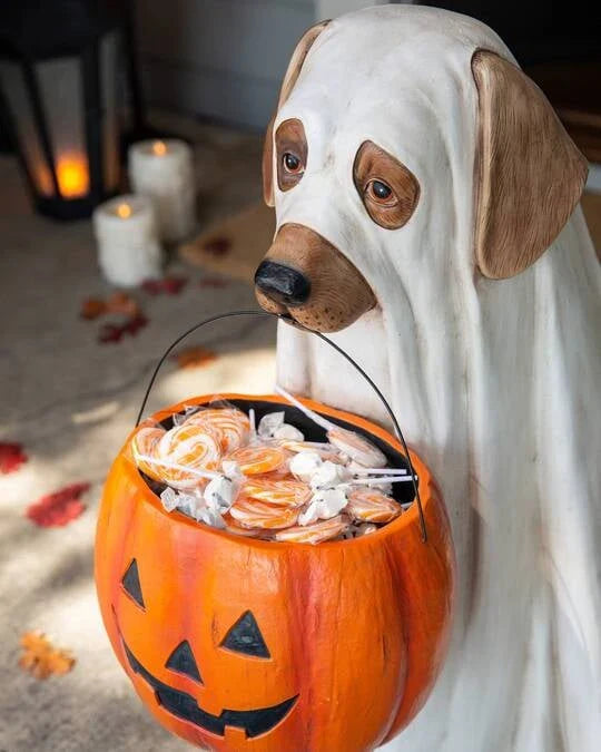 A ghostly dog figure carrying a large pumpkin candy bowl, an eerie and whimsical Halloween decoration for your home