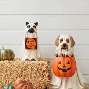 A ghostly dog figure carrying a large pumpkin candy bowl, an eerie and whimsical Halloween decoration for your home