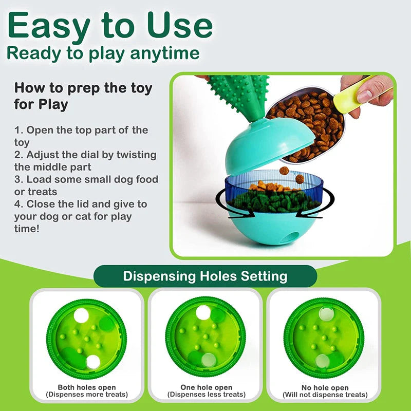 A 3-in-1 interactive cactus-shaped dog toy that serves as a chew toy, treat dispenser, and self-weighted tumbler for pets