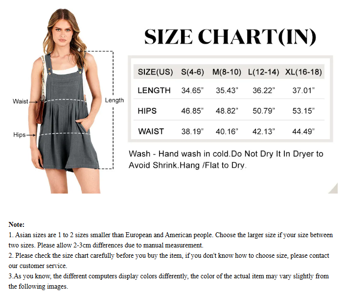 hhomeenjoy.com Women's Adjustable Strap Short Overalls in Cotton Linen