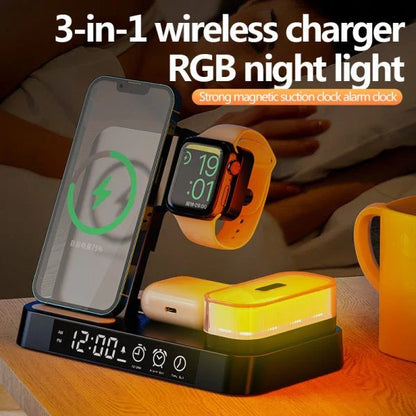 4-in-1 Wireless Charger Station with Alarm Clock, Foldable Stand, and RGB Night Light