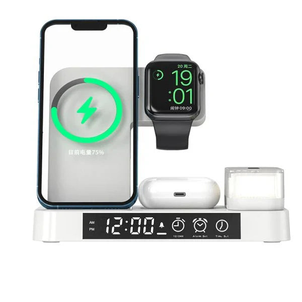 4-in-1 Wireless Charger Station with Alarm Clock, Foldable Stand, and RGB Night Light