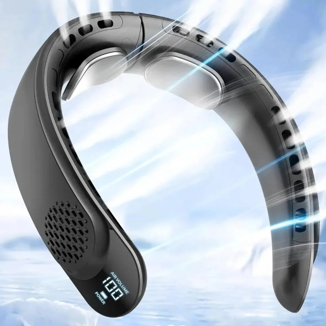 A portable, hands-free neck fan with 360-degree cooling technology for outdoor sports and activities.