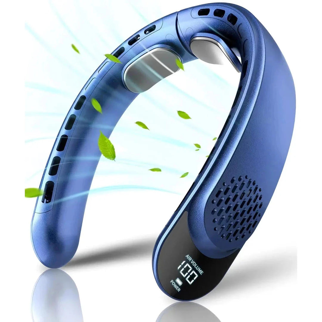 A portable, hands-free neck fan with 360-degree cooling technology for outdoor sports and activities.
