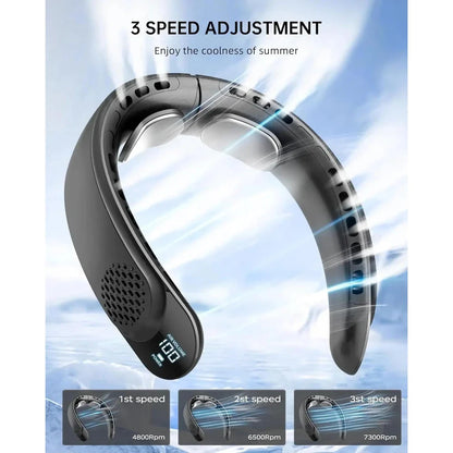 A portable, hands-free neck fan with 360-degree cooling technology for outdoor sports and activities.