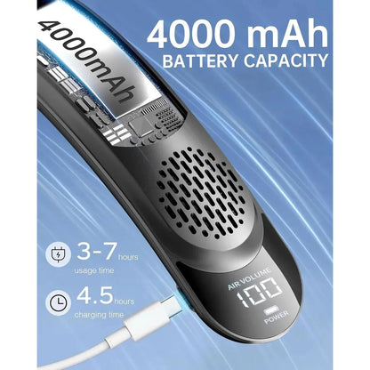 A portable, hands-free neck fan with 360-degree cooling technology for outdoor sports and activities.