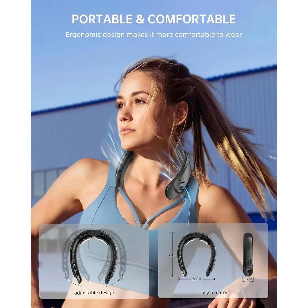 A portable, hands-free neck fan with 360-degree cooling technology for outdoor sports and activities.