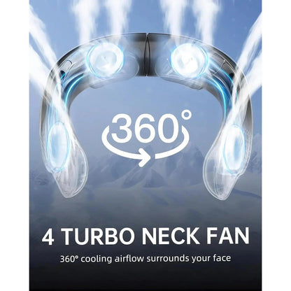 A portable, hands-free neck fan with 360-degree cooling technology for outdoor sports and activities.
