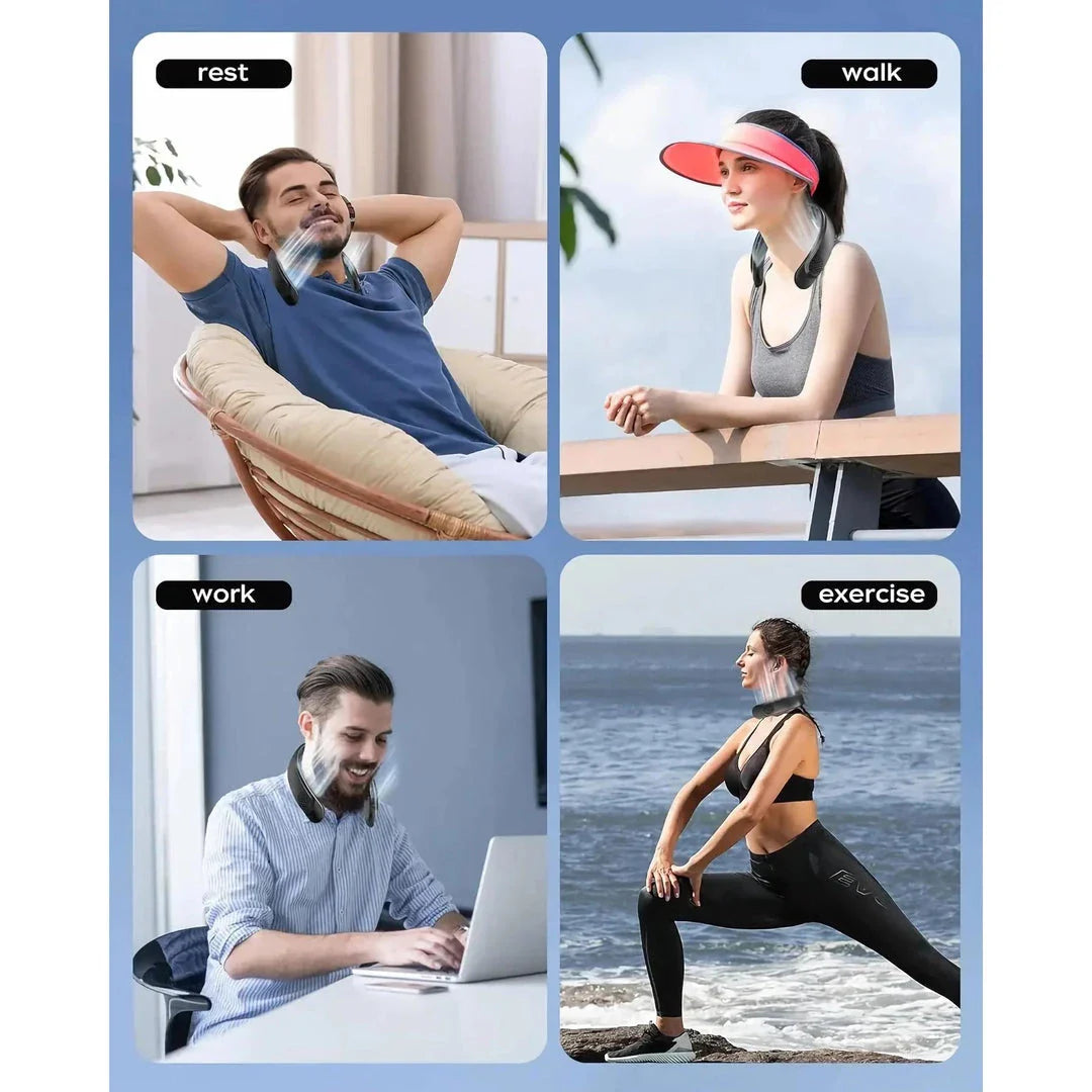 A portable, hands-free neck fan with 360-degree cooling technology for outdoor sports and activities.