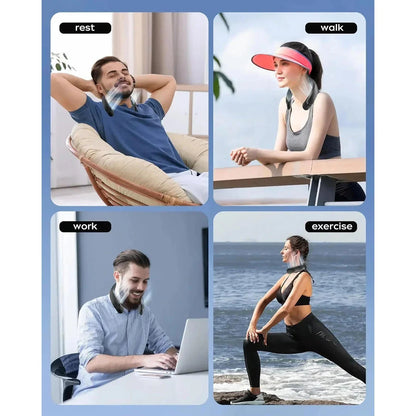 A portable, hands-free neck fan with 360-degree cooling technology for outdoor sports and activities.