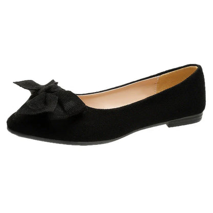 Women's big bow flat shoes with pointed toe and low heels, in black color