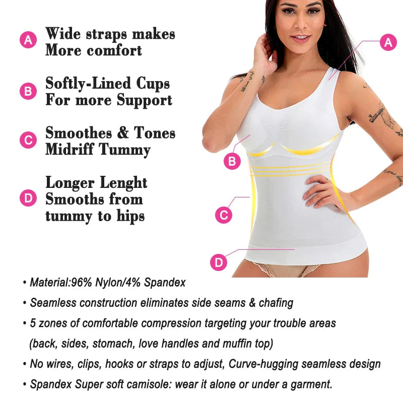 Comfortable, figure-flattering women's body sculpting vest with compression zones and built-in bra support