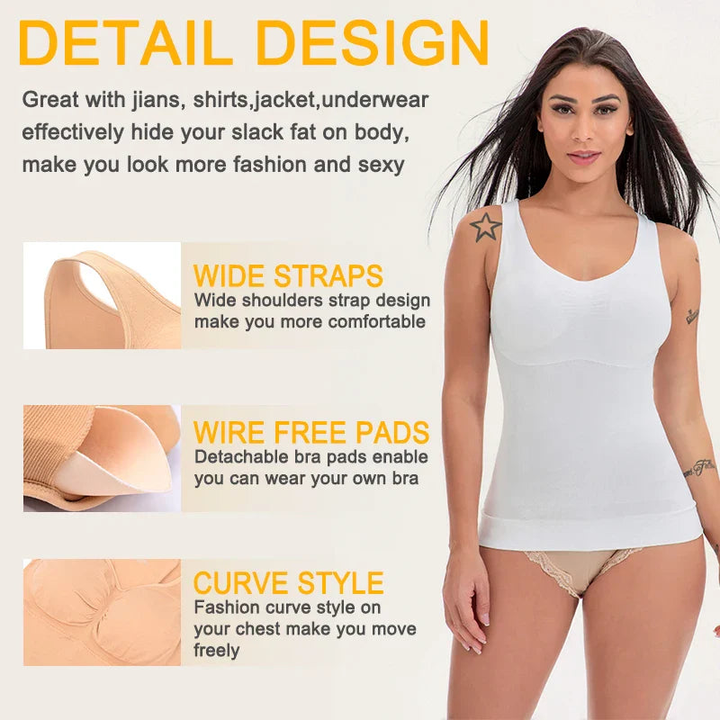 Comfortable, figure-flattering women's body sculpting vest with compression zones and built-in bra support