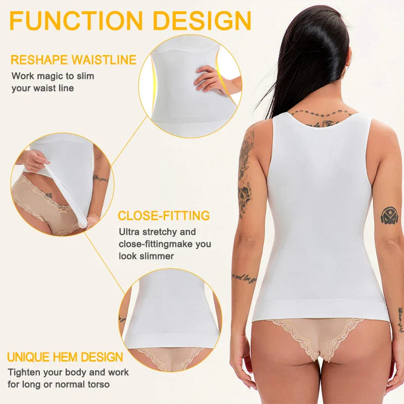 Comfortable, figure-flattering women's body sculpting vest with compression zones and built-in bra support