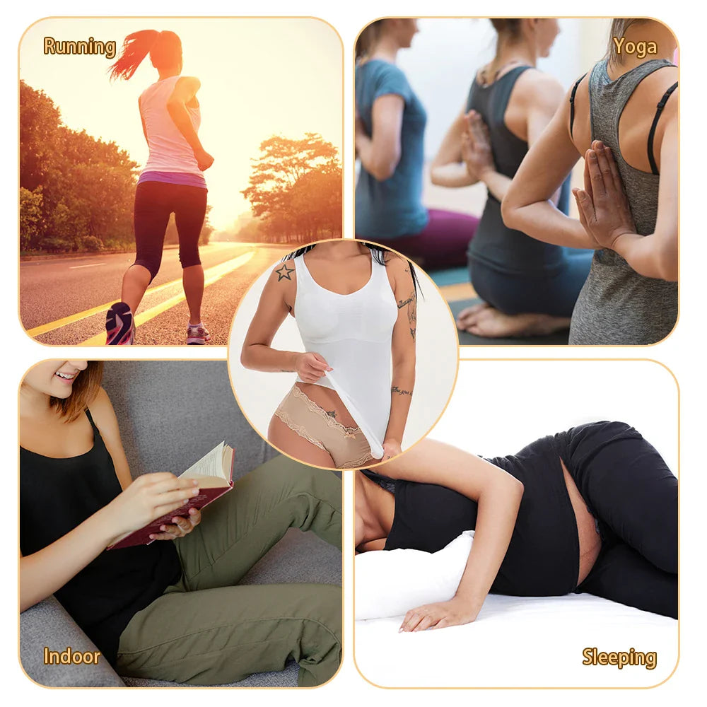 Comfortable, figure-flattering women's body sculpting vest with compression zones and built-in bra support