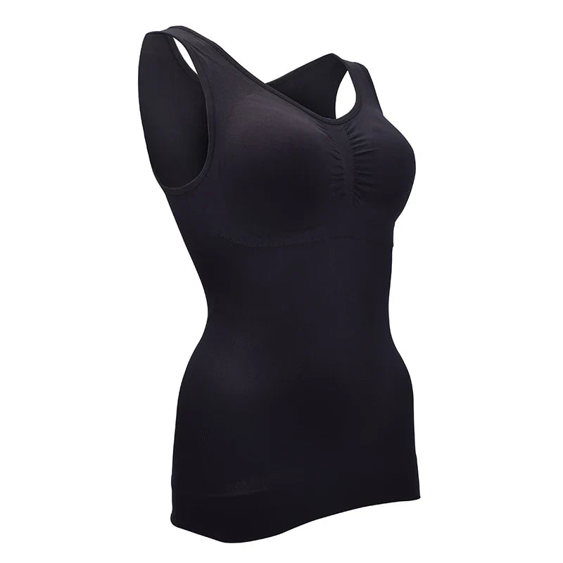 Comfortable, figure-flattering women's body sculpting vest with compression zones and built-in bra support
