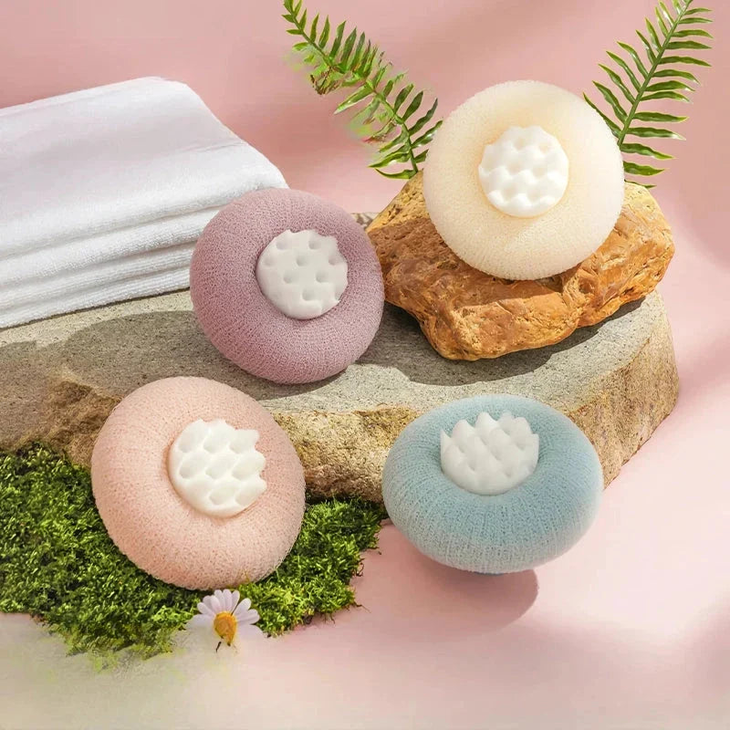 Flower pattern bath sponge ball with suction cup for exfoliating and cleansing skin