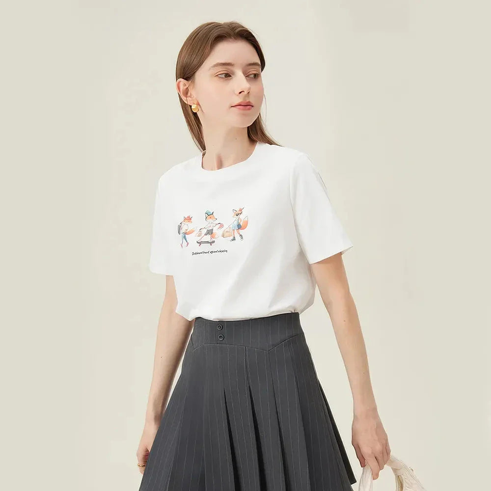 Women's white t-shirt with a playful cartoon fox print design, perfect for summer fashion.