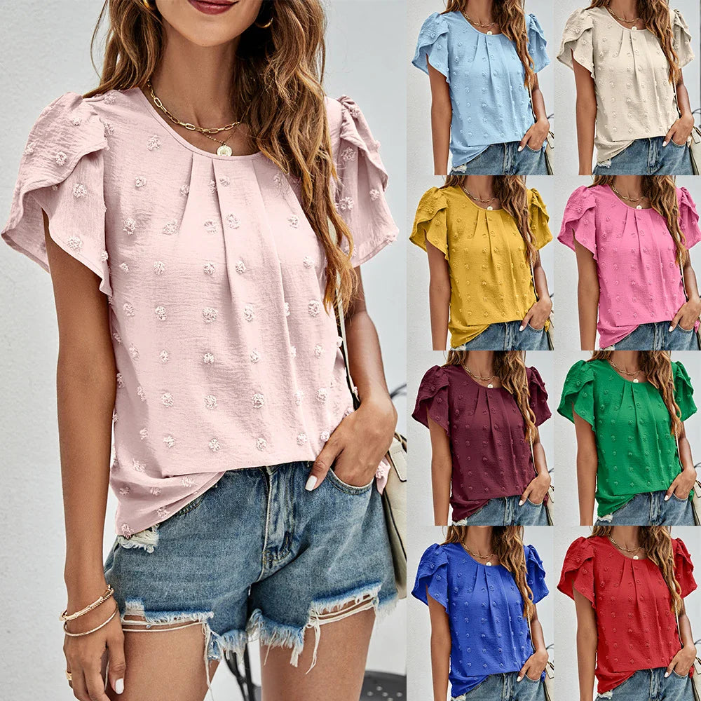 Crew Neck Casual Tulip Sleeve T-shirt Jacquard Top for Women in Blue, Pink, Apricot, Red, Yellow, and other colors