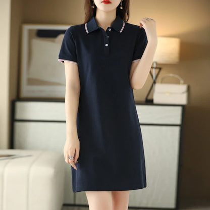 A mid-length dress with a classic polo collar, available in a variety of colors for a versatile and stylish look.