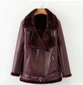 A stylish premium faux fur leather jacket with a classic lapel collar and adjustable belt for a customizable fit