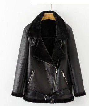 A stylish premium faux fur leather jacket with a classic lapel collar and adjustable belt for a customizable fit
