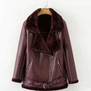 A stylish premium faux fur leather jacket with a classic lapel collar and adjustable belt for a customizable fit
