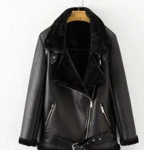 A stylish premium faux fur leather jacket with a classic lapel collar and adjustable belt for a customizable fit