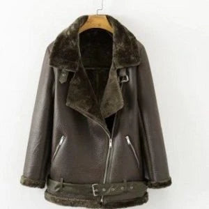 A stylish premium faux fur leather jacket with a classic lapel collar and adjustable belt for a customizable fit