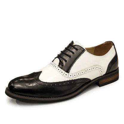 Elegant British-inspired men's business dress shoes with carved leather details and a sleek wedge heel