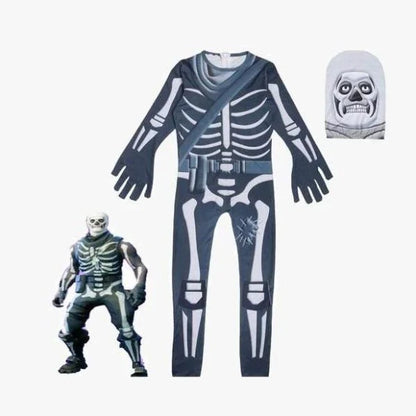 Officially licensed Fortnite Skull Trooper costume with skeleton jumpsuit, gloves, bandana, and accessories for Halloween and cosplay events