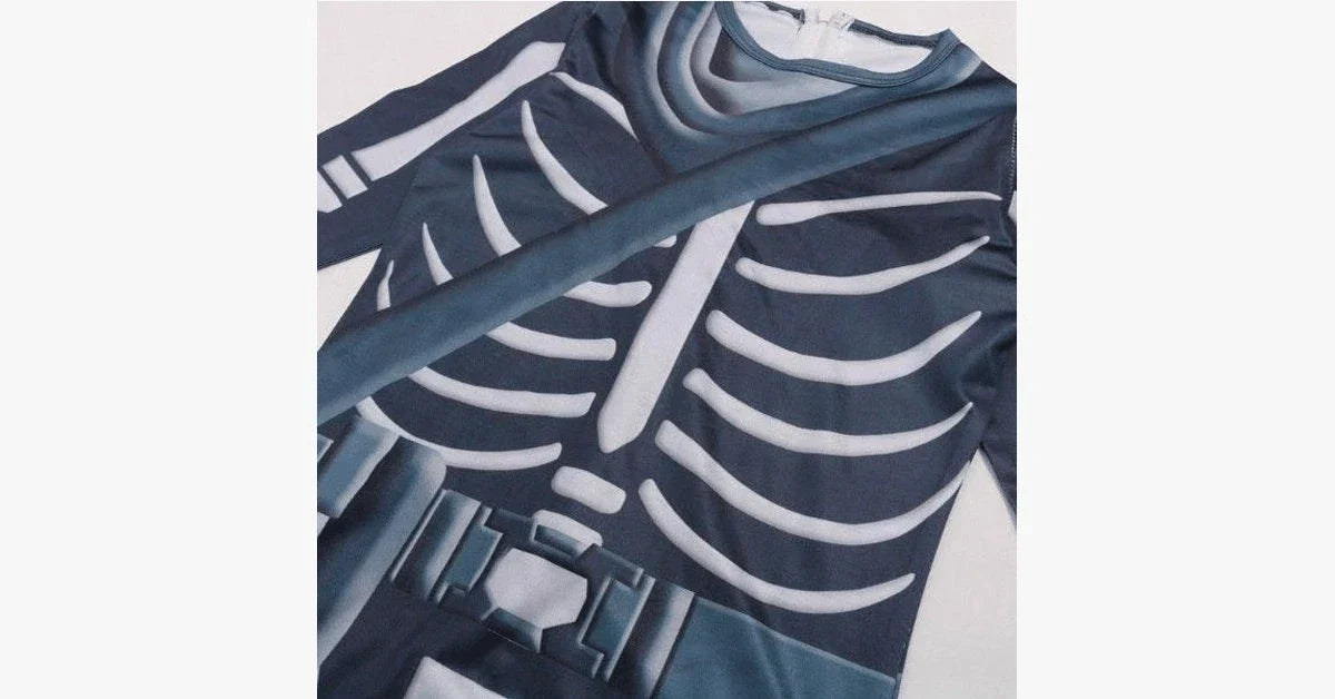 Officially licensed Fortnite Skull Trooper costume with skeleton jumpsuit, gloves, bandana, and accessories for Halloween and cosplay events