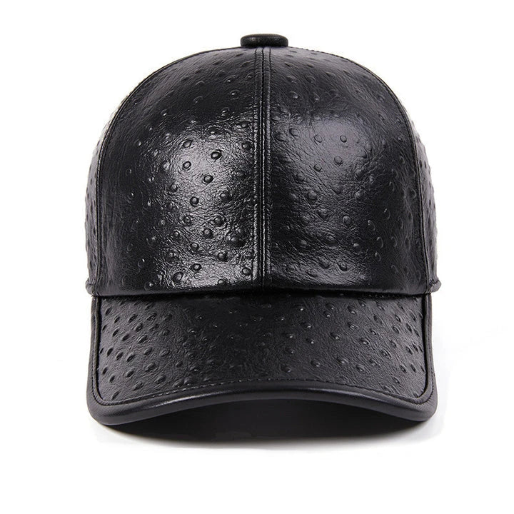 Men's Warm Ostrich Pattern Cowhide Baseball Hat with Adjustable Size and Premium Leather Construction