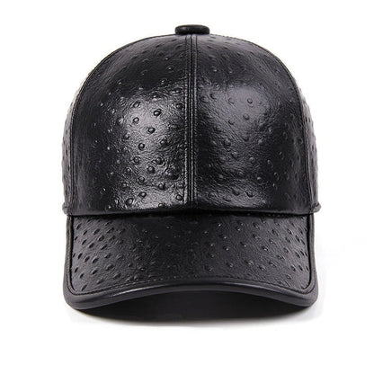 Men's Warm Ostrich Pattern Cowhide Baseball Hat with Adjustable Size and Premium Leather Construction
