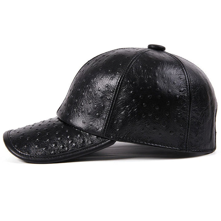 Men's Warm Ostrich Pattern Cowhide Baseball Hat with Adjustable Size and Premium Leather Construction