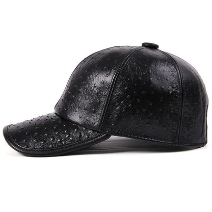 Men's Warm Ostrich Pattern Cowhide Baseball Hat with Adjustable Size and Premium Leather Construction